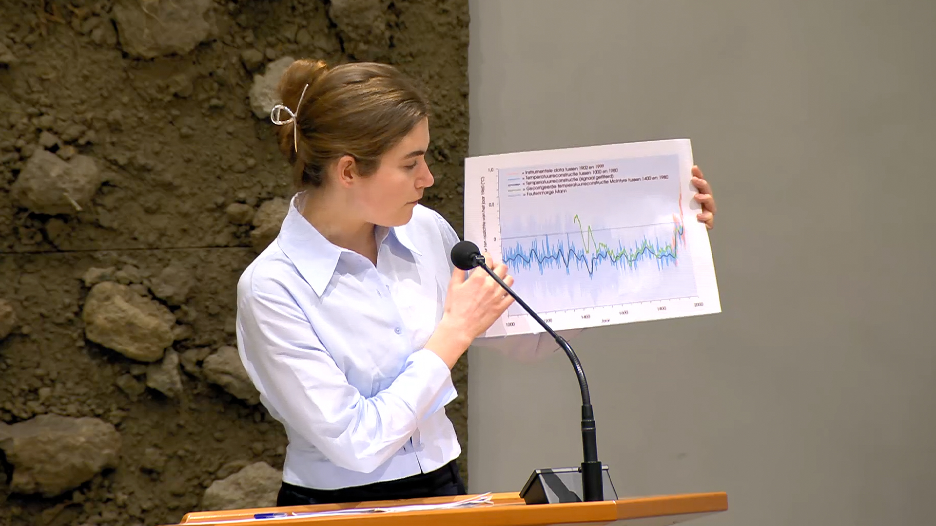 Lidewij de Vos toont de hockeystickgrafiek tijdens een klimaatdebat in de Tweede Kamer